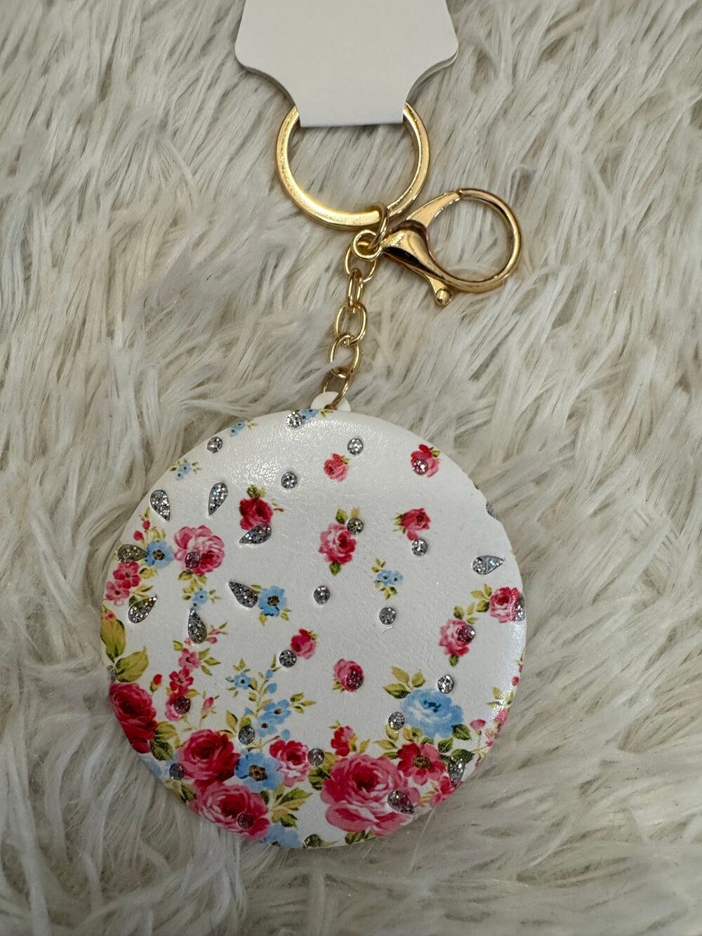 Doble side mirror with  butterflies and flower  keychain bag charm sparkles